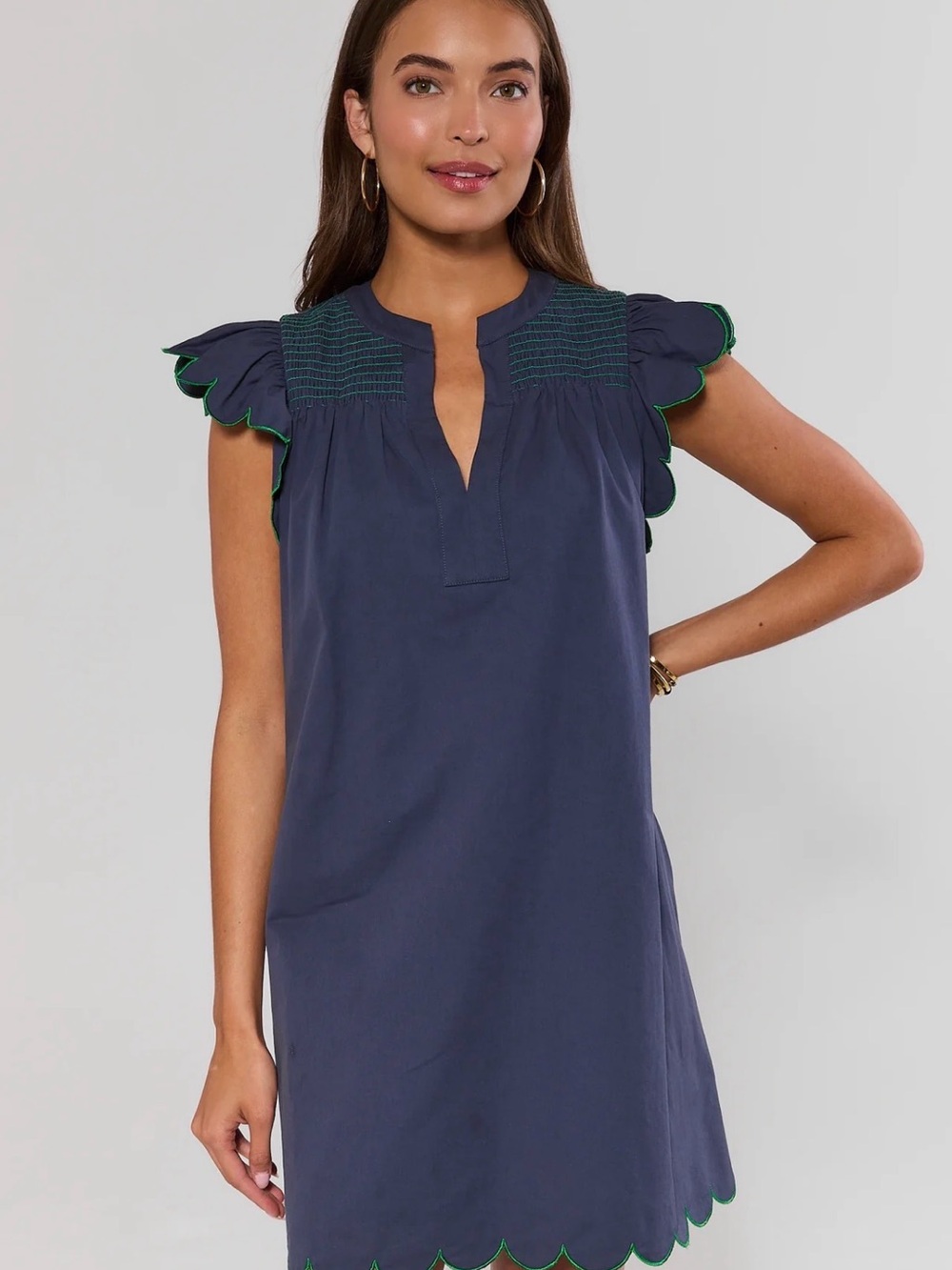 Navy Scallop-Edge Coverup Dress with Green Trim